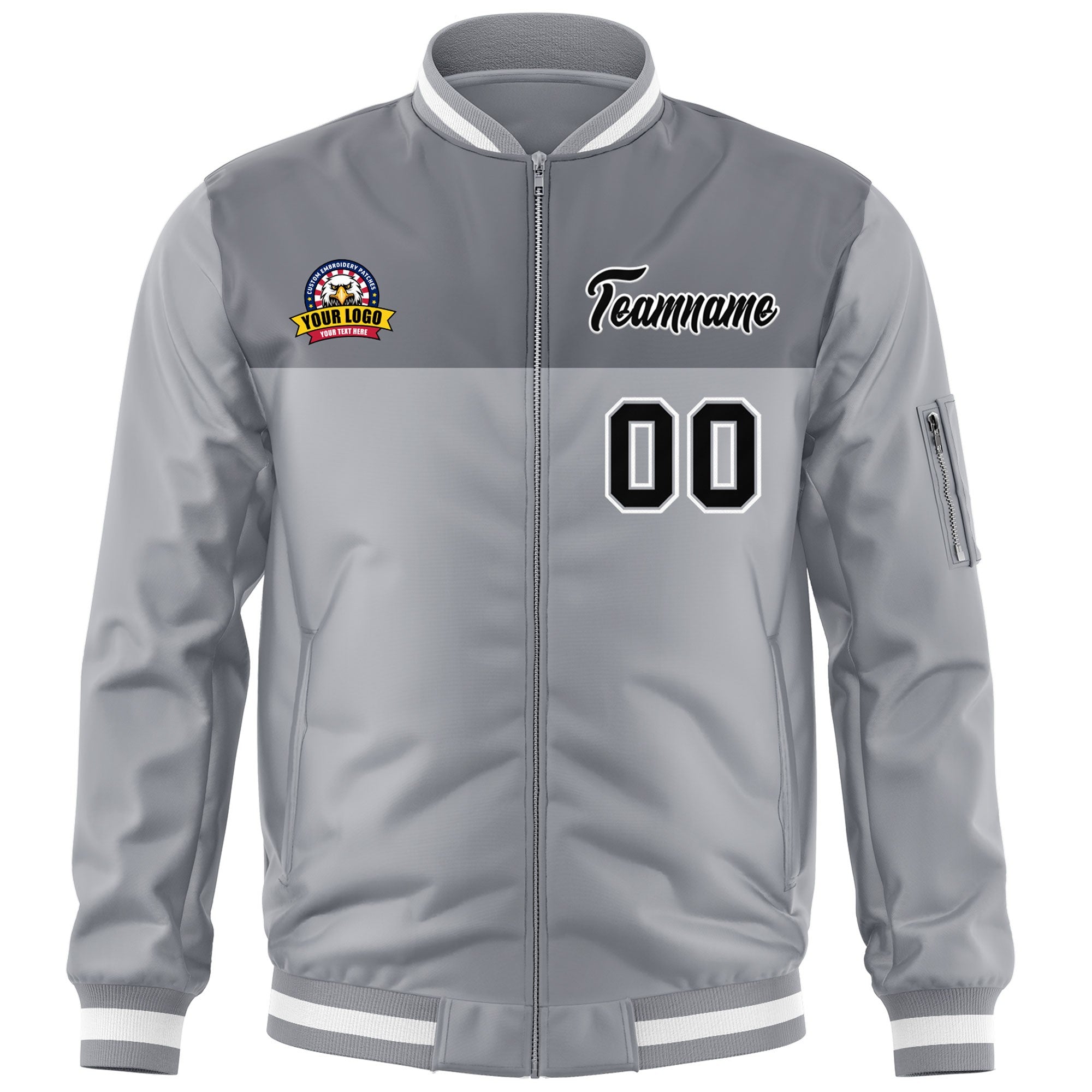 Custom Gray Black Varsity Full-Zip Color Block Letterman Bomber Jacket