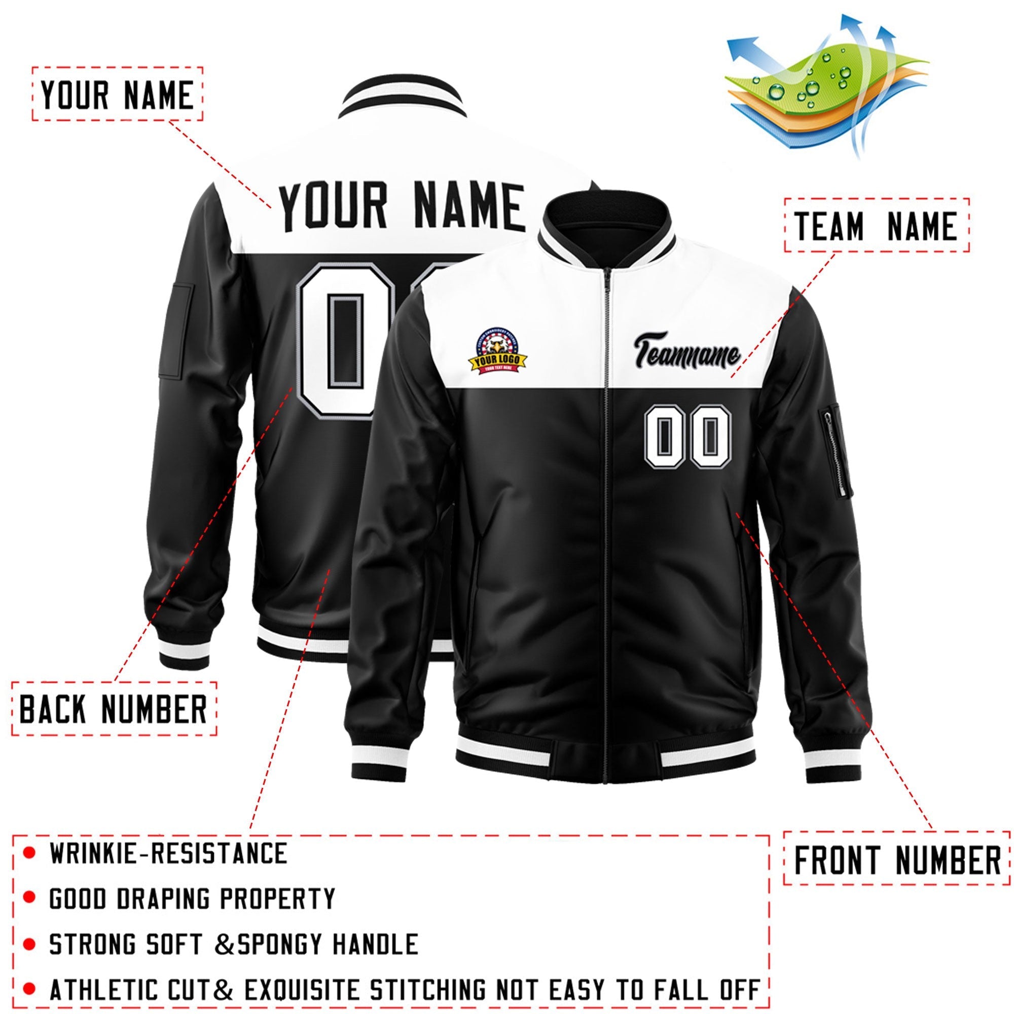 Custom White Black Varsity Full-Zip Color Block Letterman Bomber Jacket