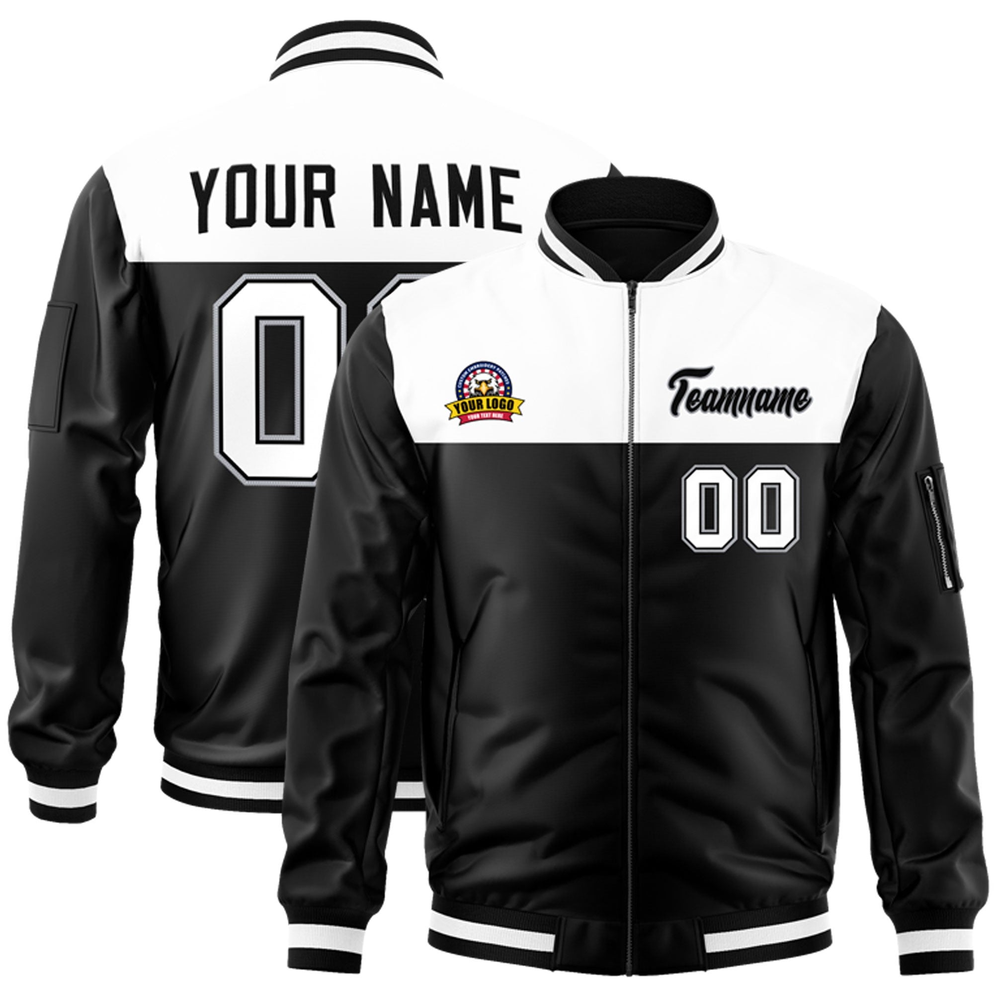 Custom White Black Varsity Full-Zip Color Block Letterman Bomber Jacket