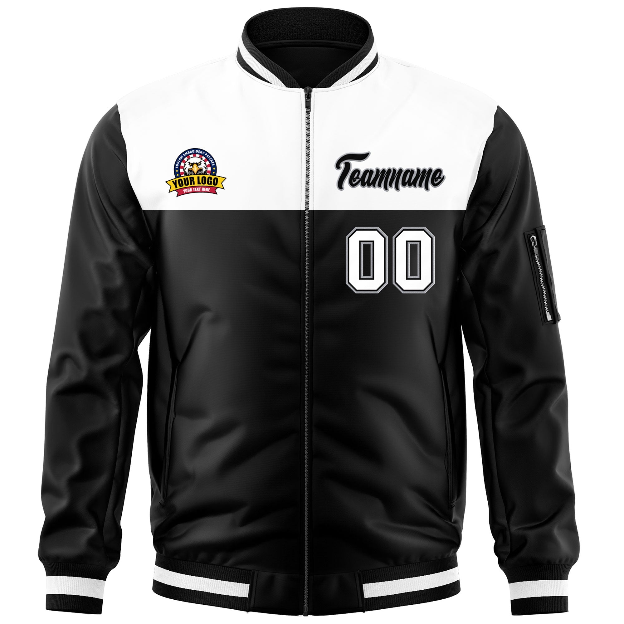 Custom White Black Varsity Full-Zip Color Block Letterman Bomber Jacket