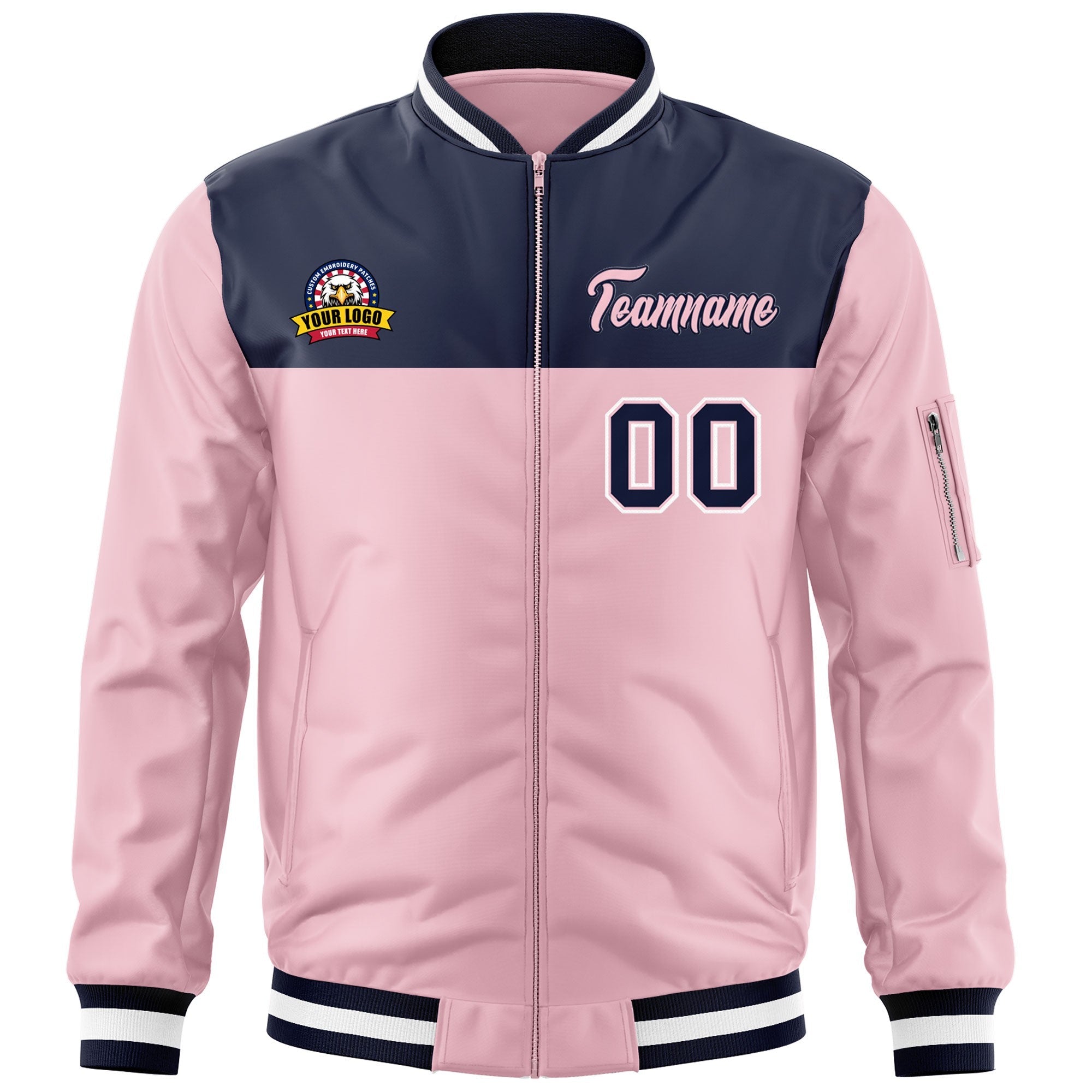 Custom Navy Pink Varsity Full-Zip Color Block Letterman Bomber Jacket