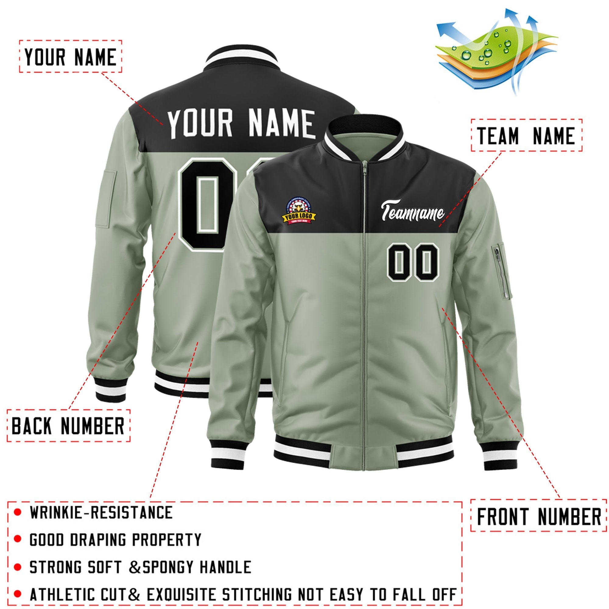 Custom Black Green Varsity Full-Zip Color Block Letterman Bomber Jacket