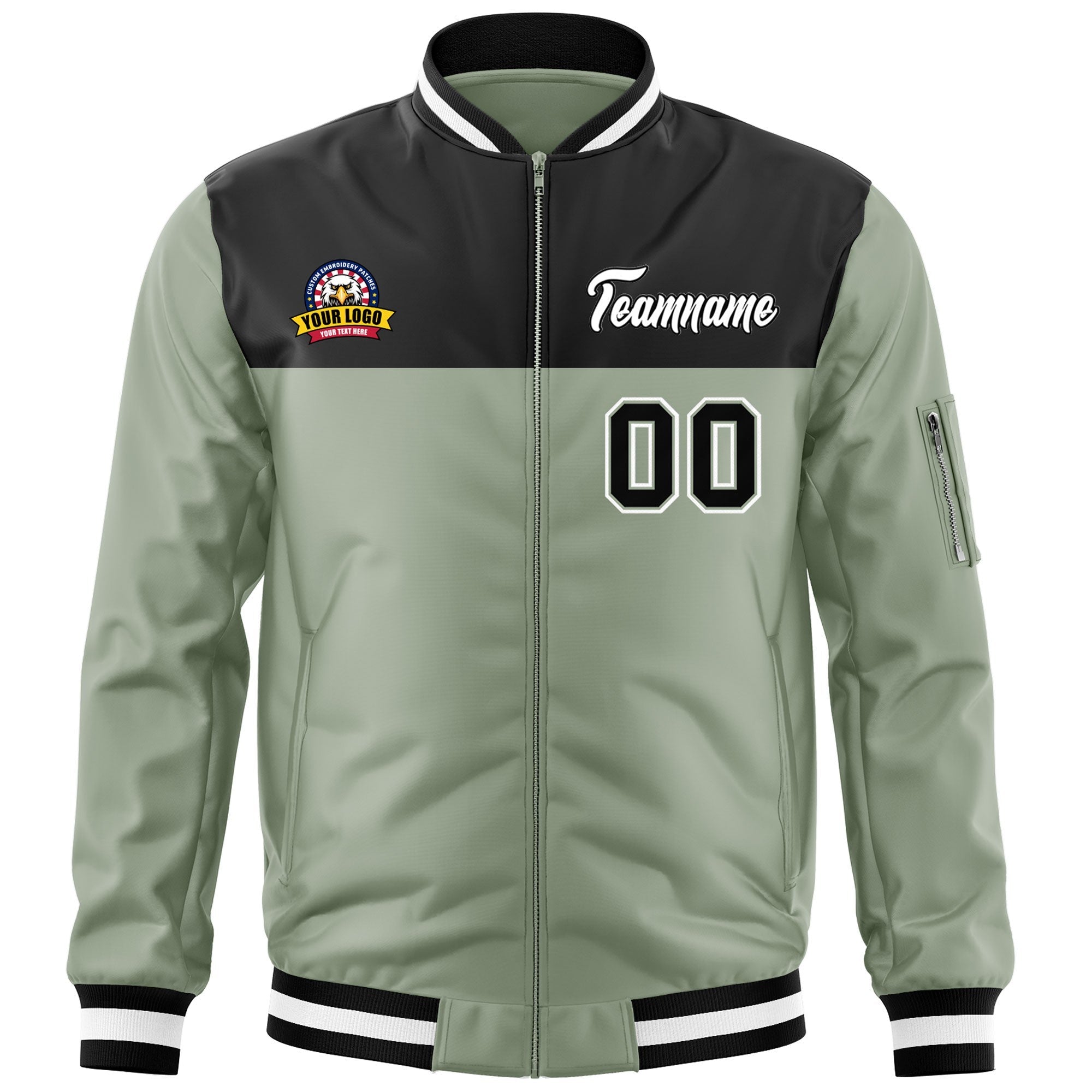 Custom Black Green Varsity Full-Zip Color Block Letterman Bomber Jacket