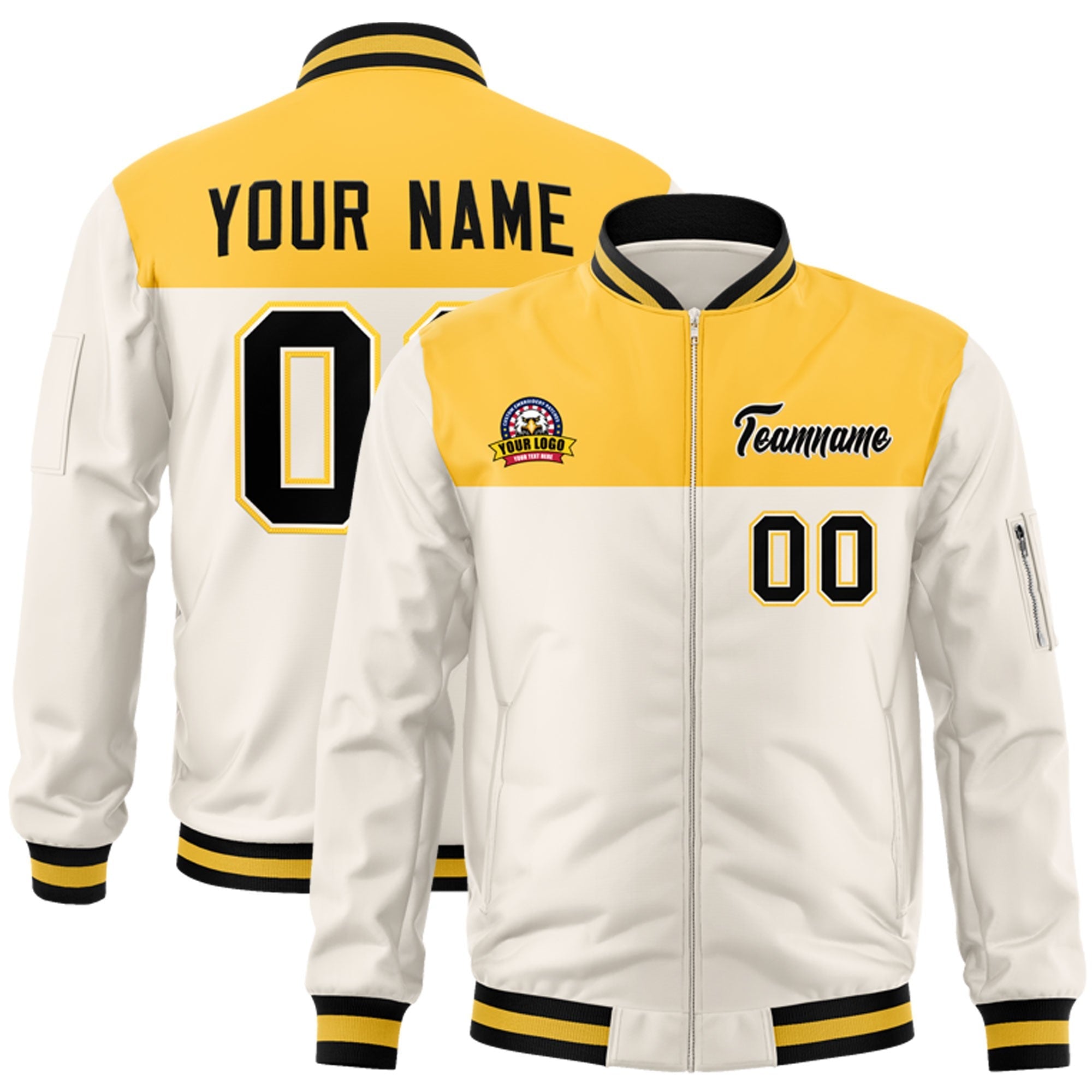 Custom Yellow Cream Varsity Full-Zip Color Block Letterman Bomber Jacket