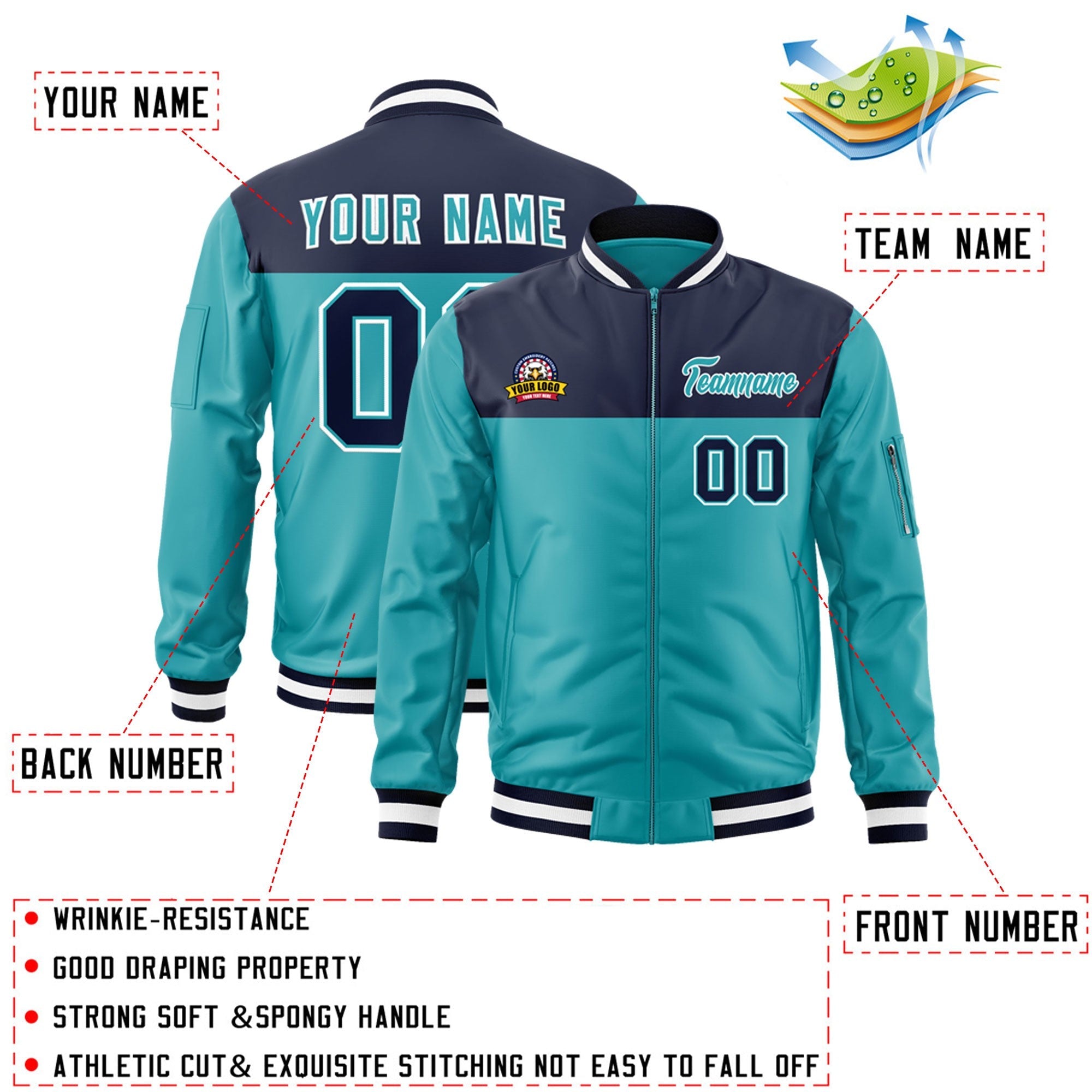 Custom Navy Aqua Varsity Full-Zip Color Block Letterman Bomber Jacket