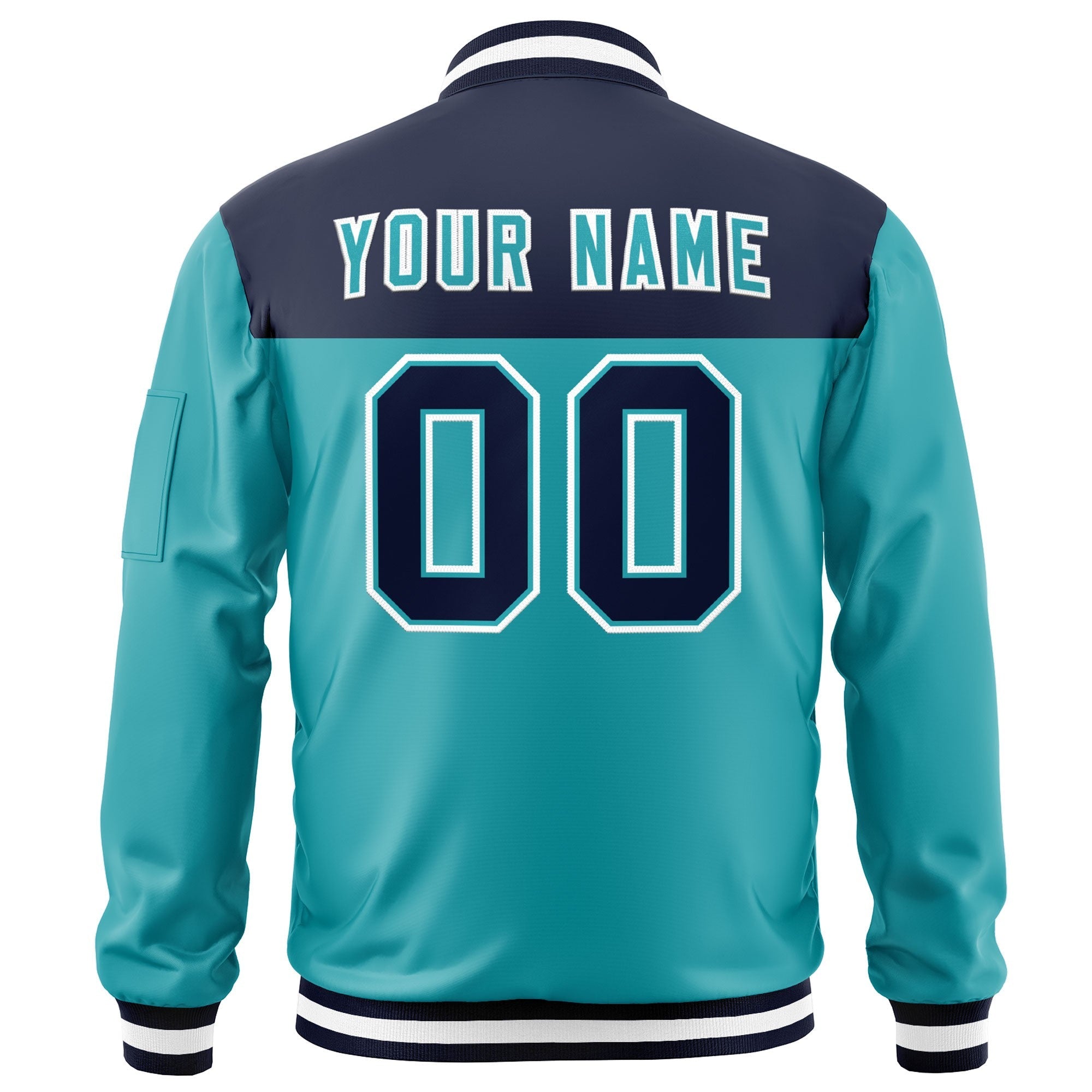 Custom Navy Aqua Varsity Full-Zip Color Block Letterman Bomber Jacket