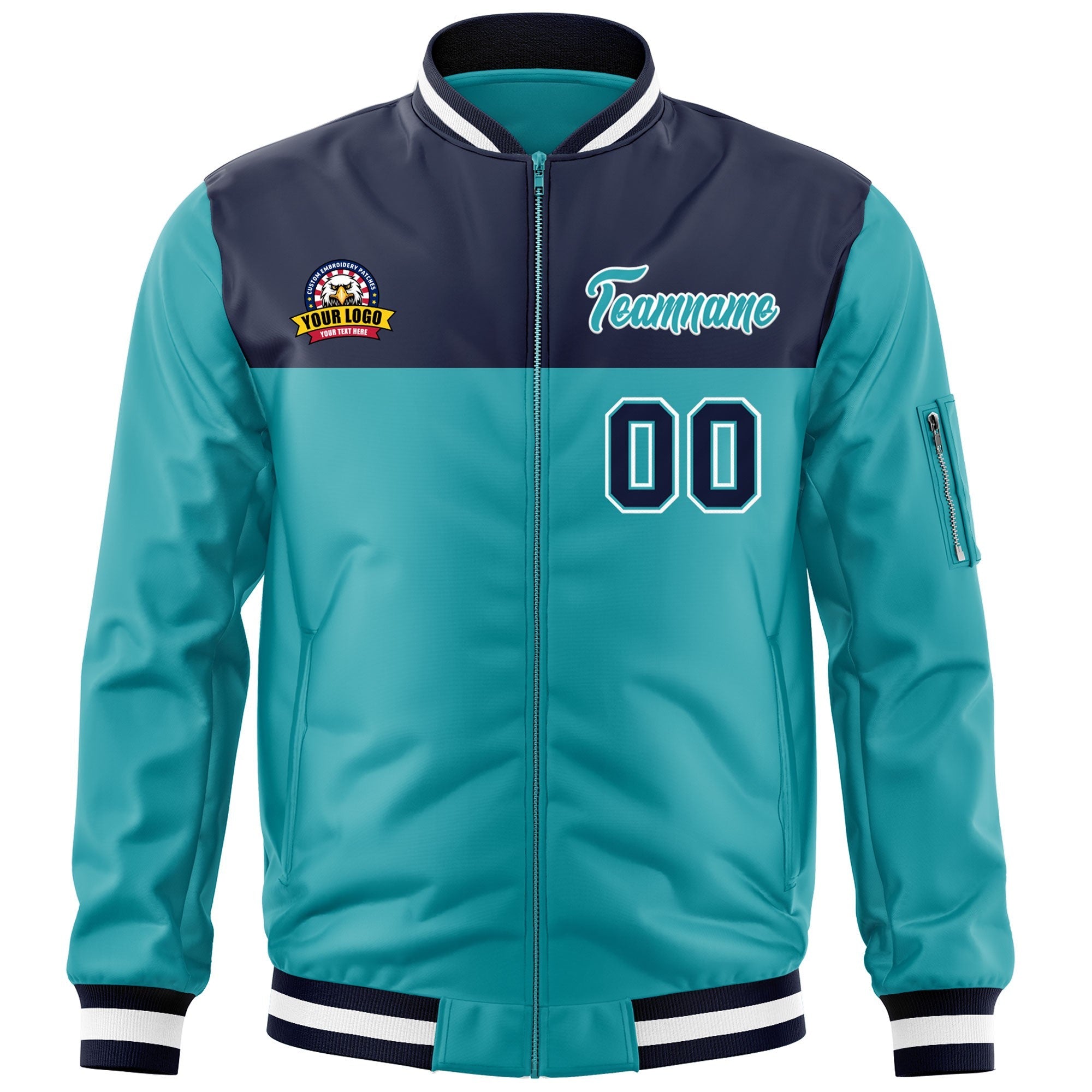 Custom Navy Aqua Varsity Full-Zip Color Block Letterman Bomber Jacket