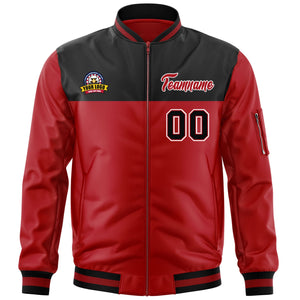 Custom Black Red Varsity Full-Zip Color Block Letterman Bomber Jacket