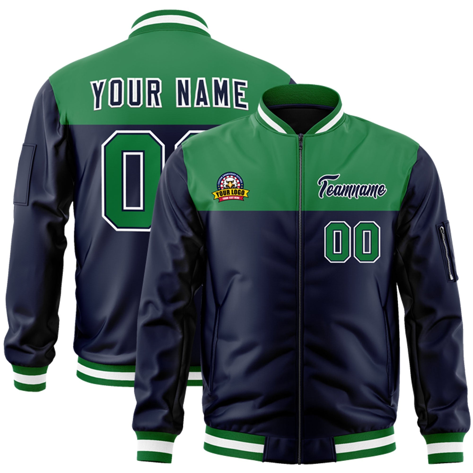 Custom Kelly Green Navy Varsity Full-Zip Color Block Letterman Bomber Jacket