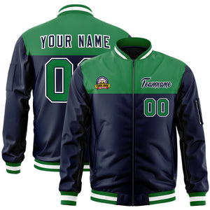 Custom Kelly Green Navy Varsity Full-Zip Color Block Letterman Bomber Jacket