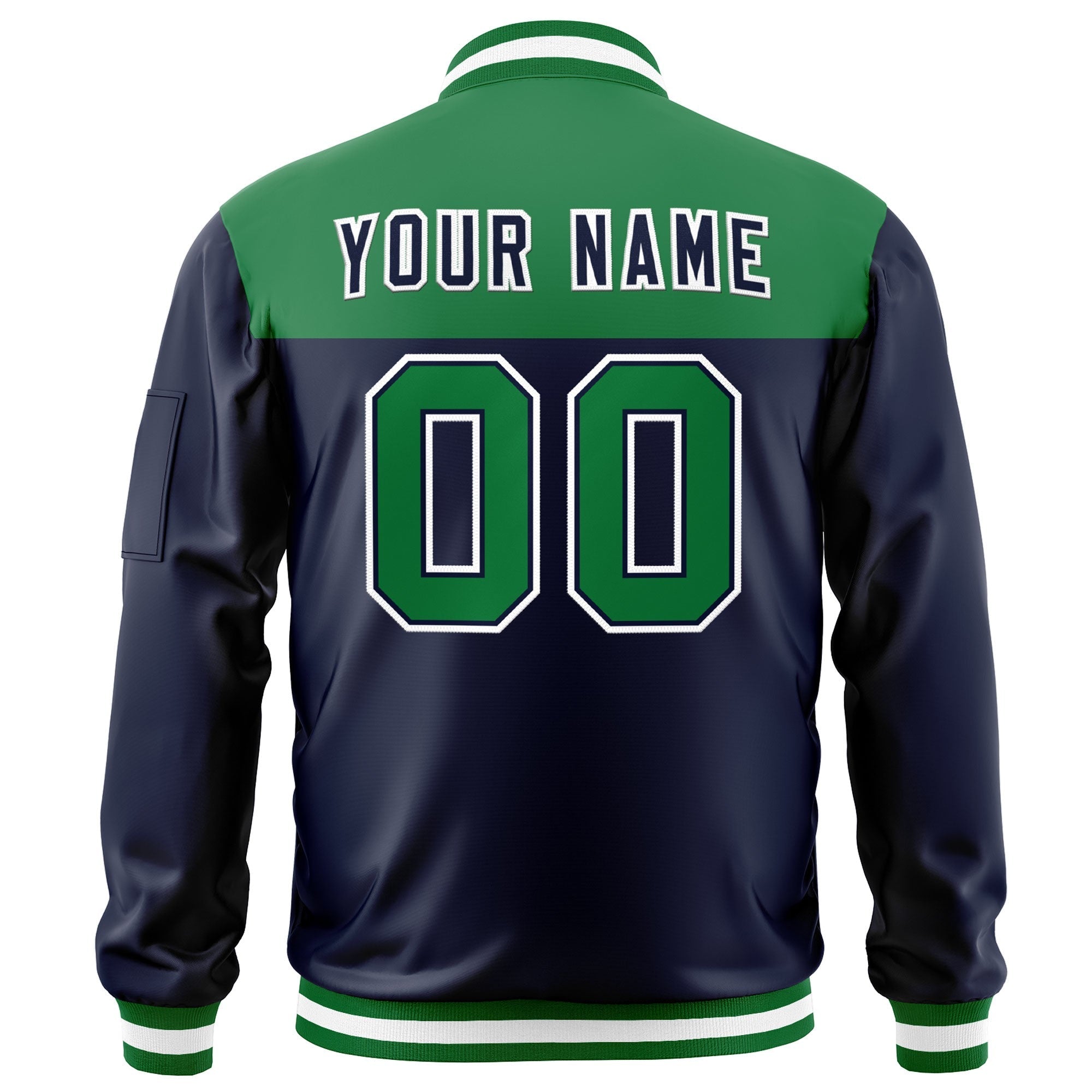 Custom Kelly Green Navy Varsity Full-Zip Color Block Letterman Bomber Jacket