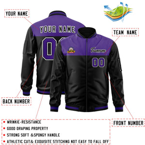 Custom Purple Black Varsity Full-Zip Color Block Letterman Bomber Jacket