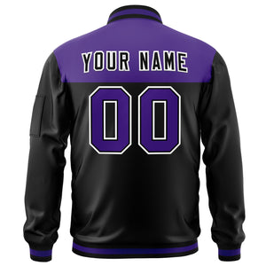 Custom Purple Black Varsity Full-Zip Color Block Letterman Bomber Jacket