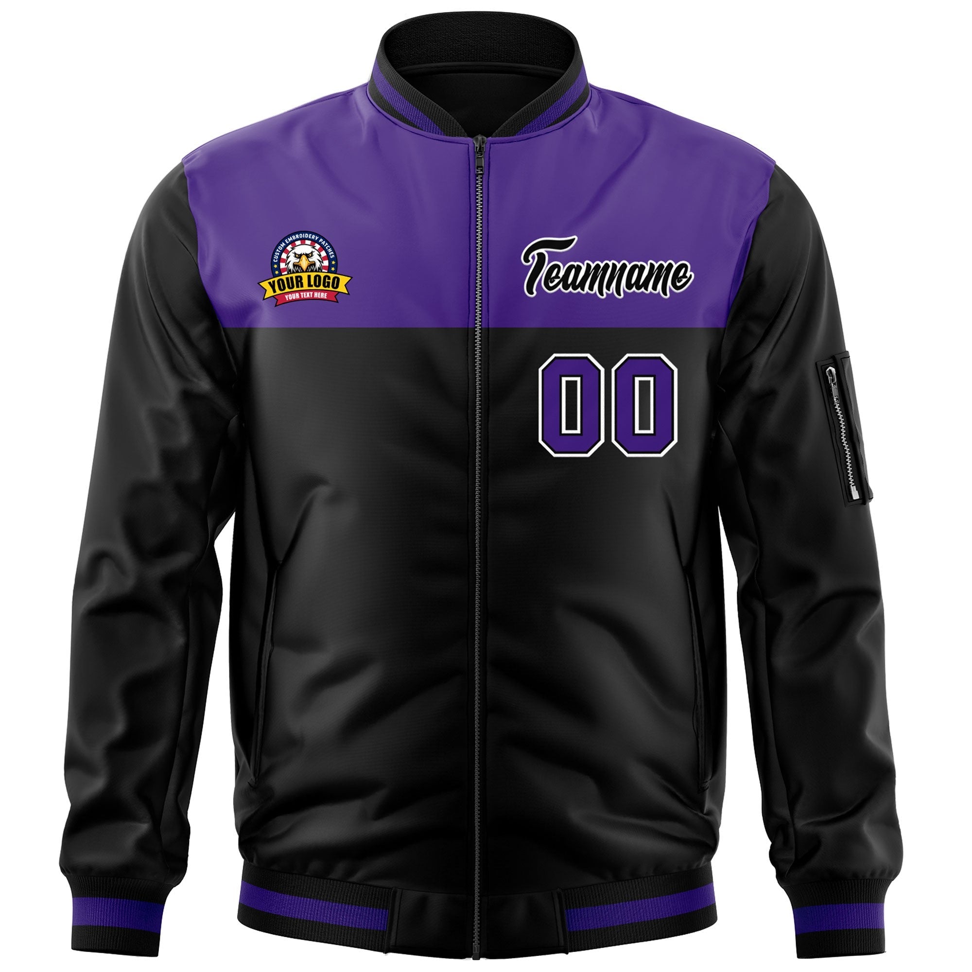 Custom Purple Black Varsity Full-Zip Color Block Letterman Bomber Jacket