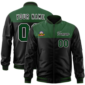 Custom Green Black Varsity Full-Zip Color Block Letterman Bomber Jacket