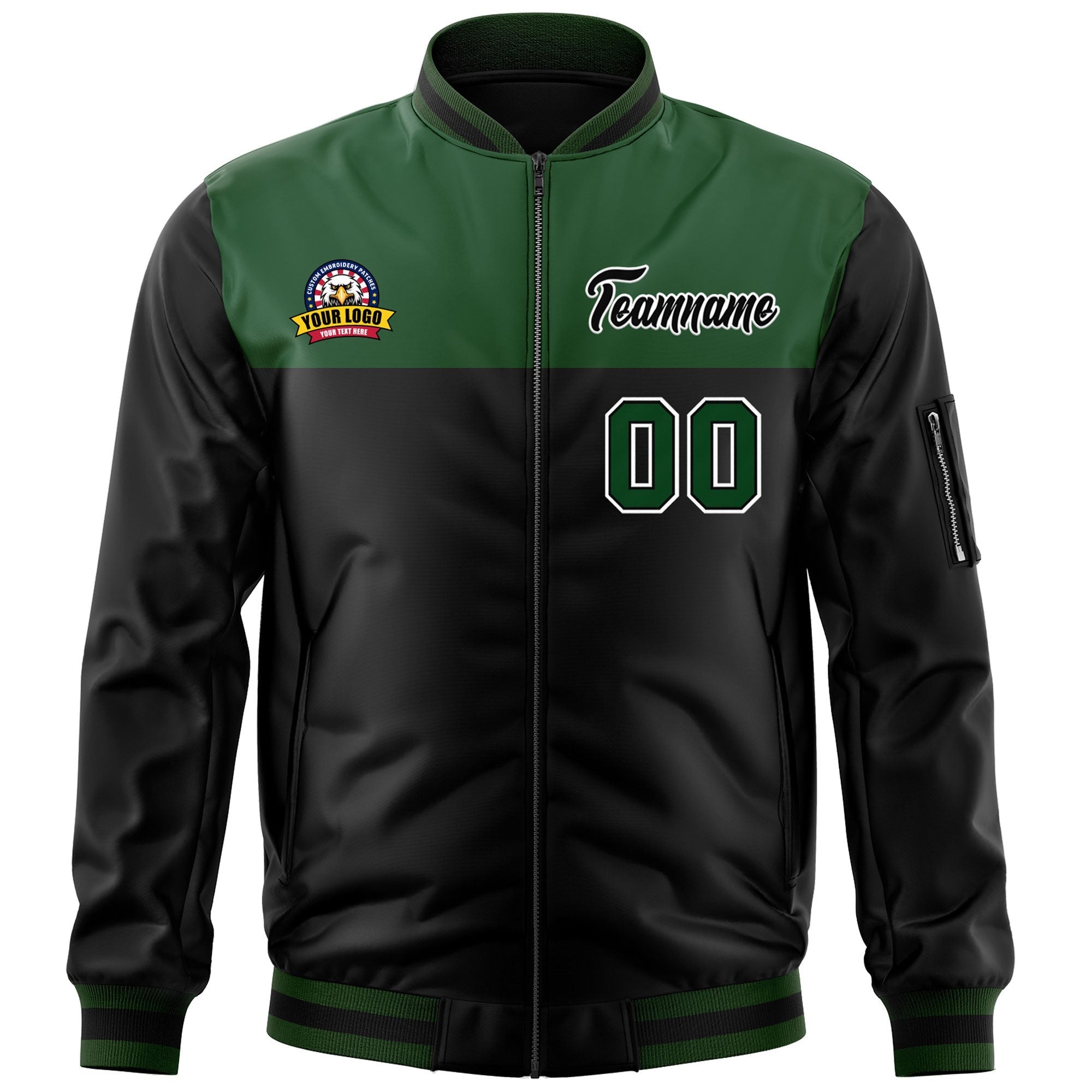 Custom Green Black Varsity Full-Zip Color Block Letterman Bomber Jacket