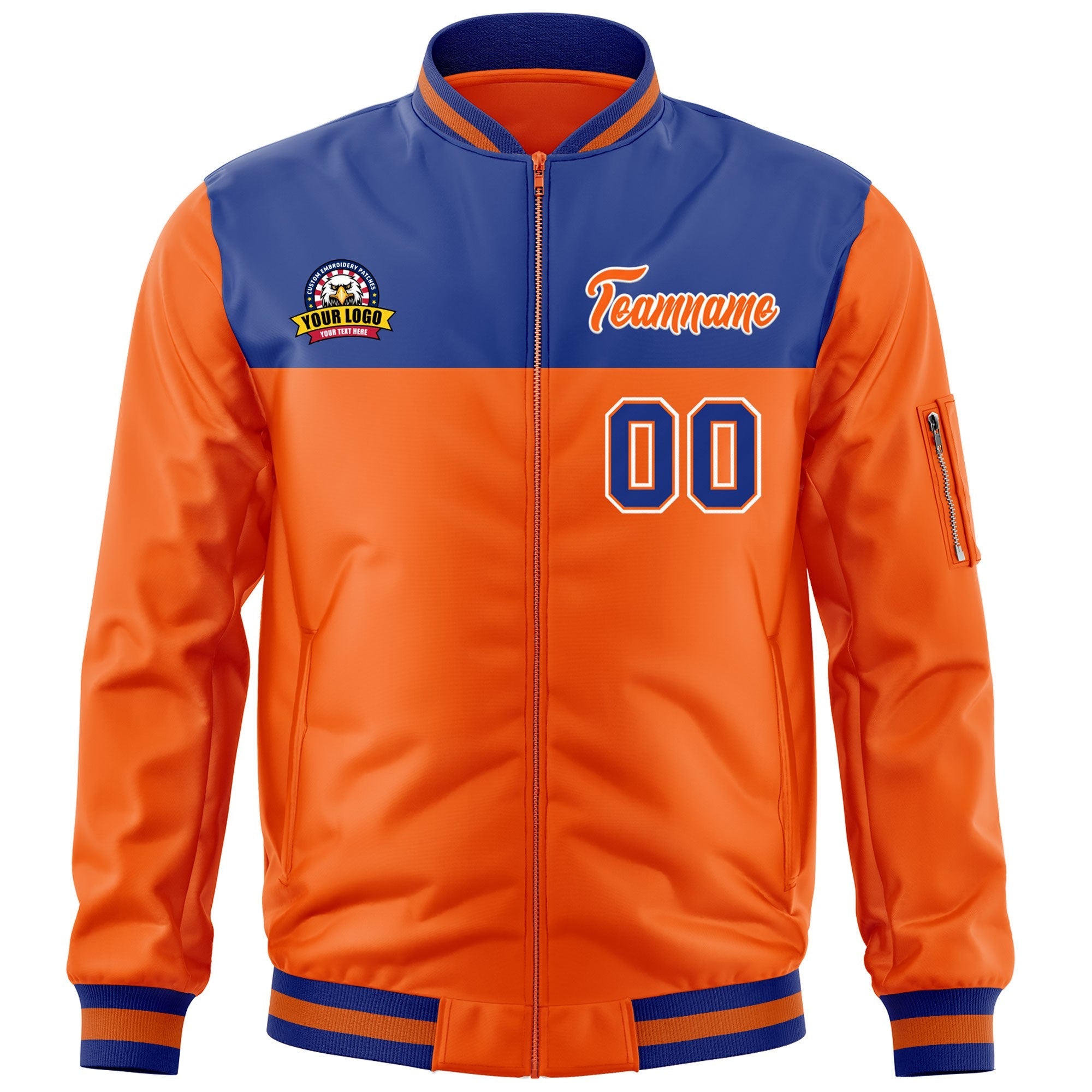 Custom Royal Orange Varsity Full-Zip Color Block Letterman Bomber Jacket