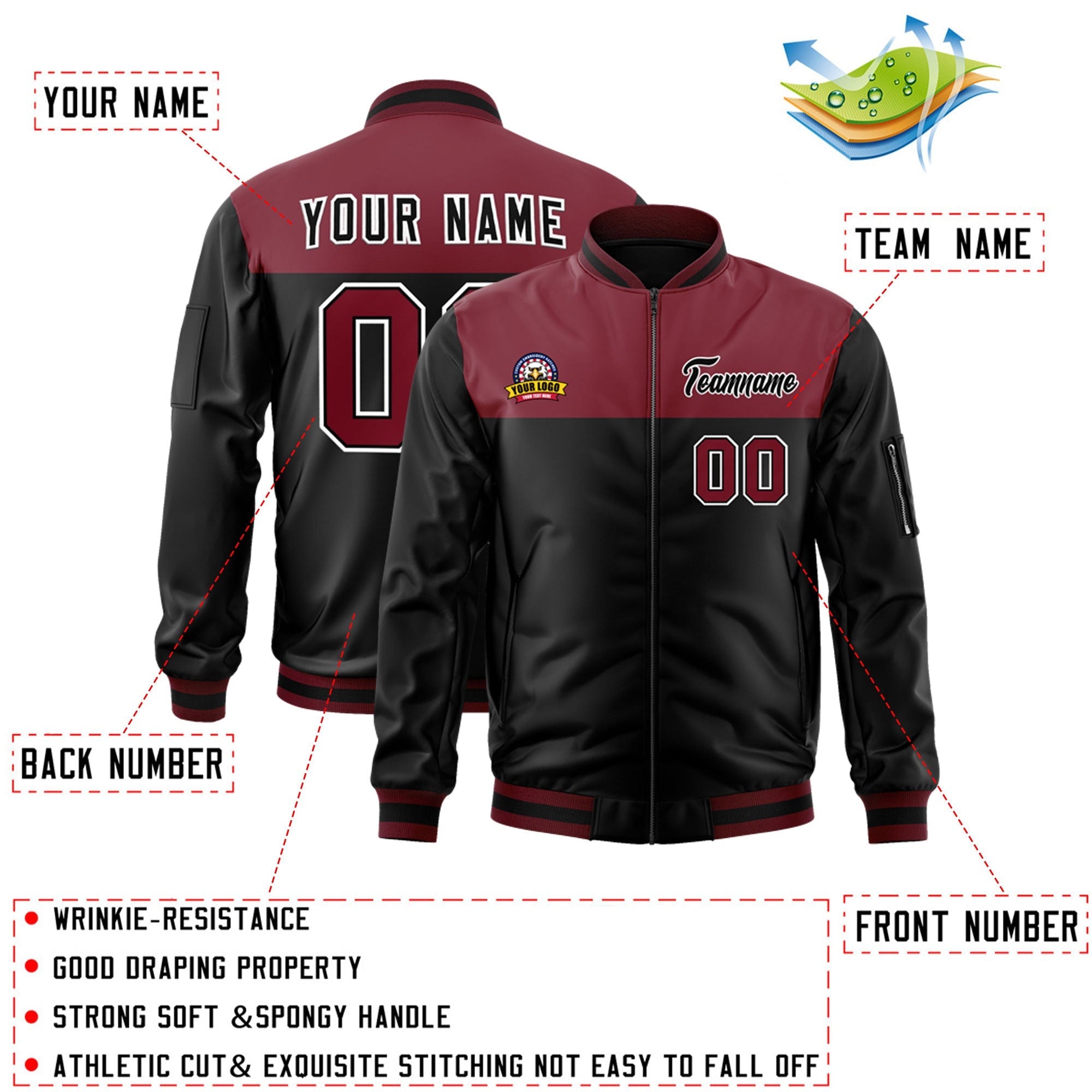 Custom Crimson Black Varsity Full-Zip Color Block Letterman Bomber Jacket