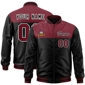 Custom Crimson Black Varsity Full-Zip Color Block Letterman Bomber Jacket