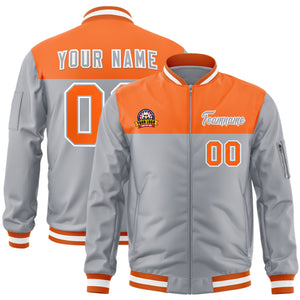 Custom Orange Gray Varsity Full-Zip Color Block Letterman Bomber Jacket