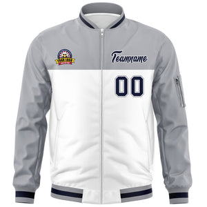 Custom Gray White Varsity Full-Zip Color Block Letterman Bomber Jacket