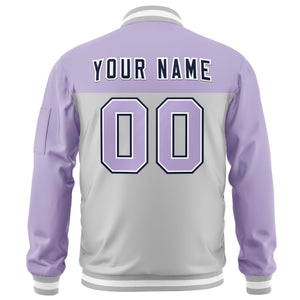 Custom Purple Gray Varsity Full-Zip Color Block Letterman Bomber Jacket