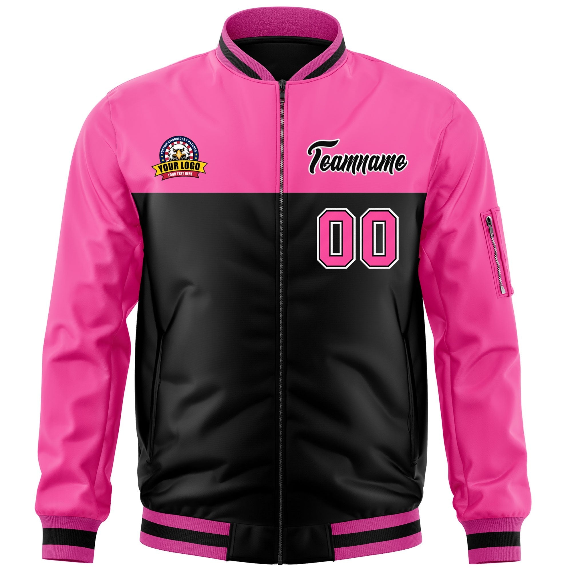 Custom Pink Black Varsity Full-Zip Color Block Letterman Bomber Jacket