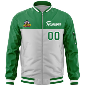 Custom Kelly Green Gray Varsity Full-Zip Color Block Letterman Bomber Jacket