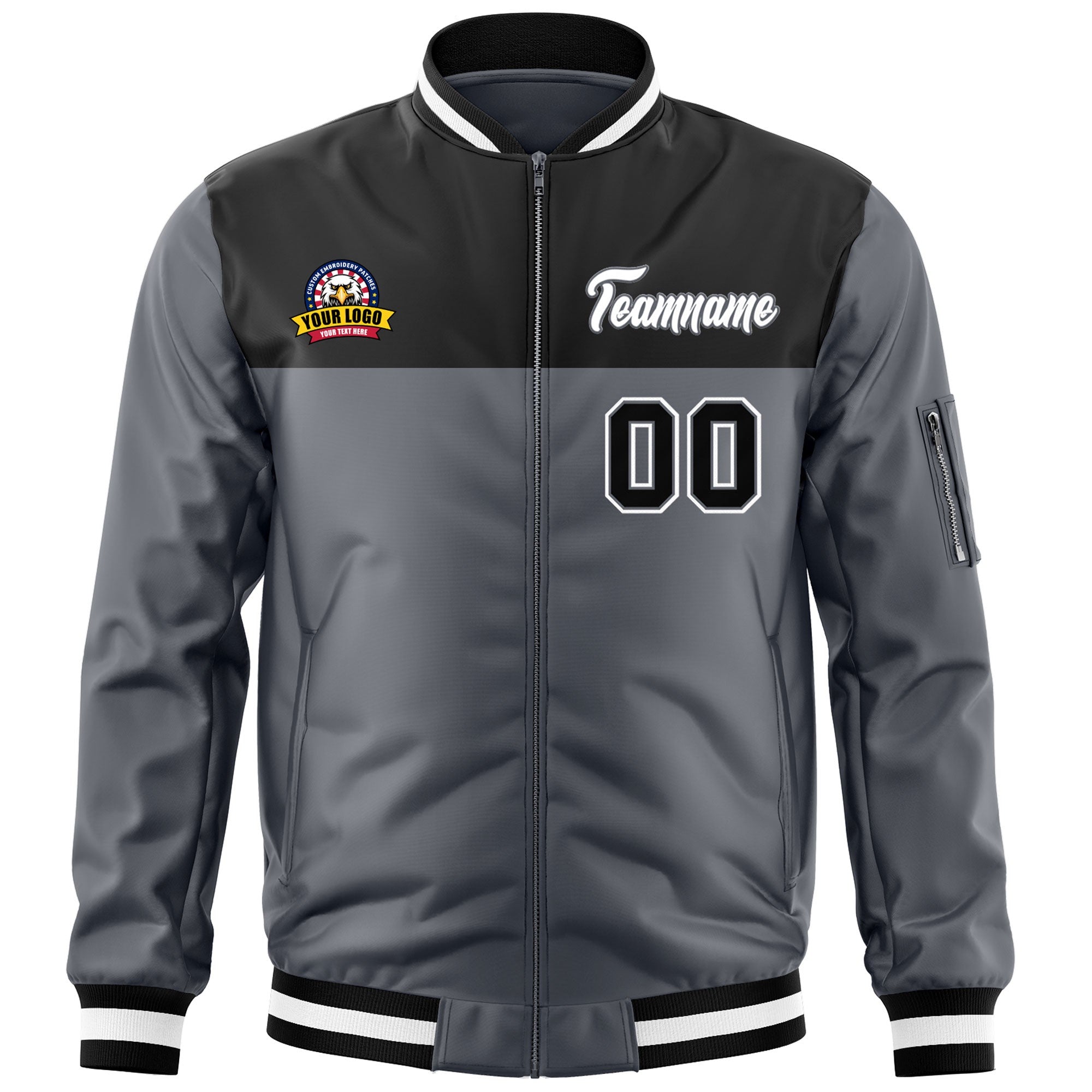 Custom Black Dark Gray Varsity Full-Zip Color Block Letterman Bomber Jacket