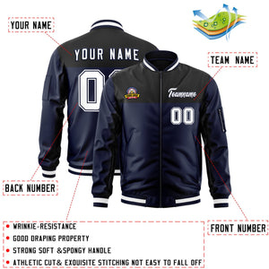 Custom Black Navy Varsity Full-Zip Color Block Letterman Bomber Jacket