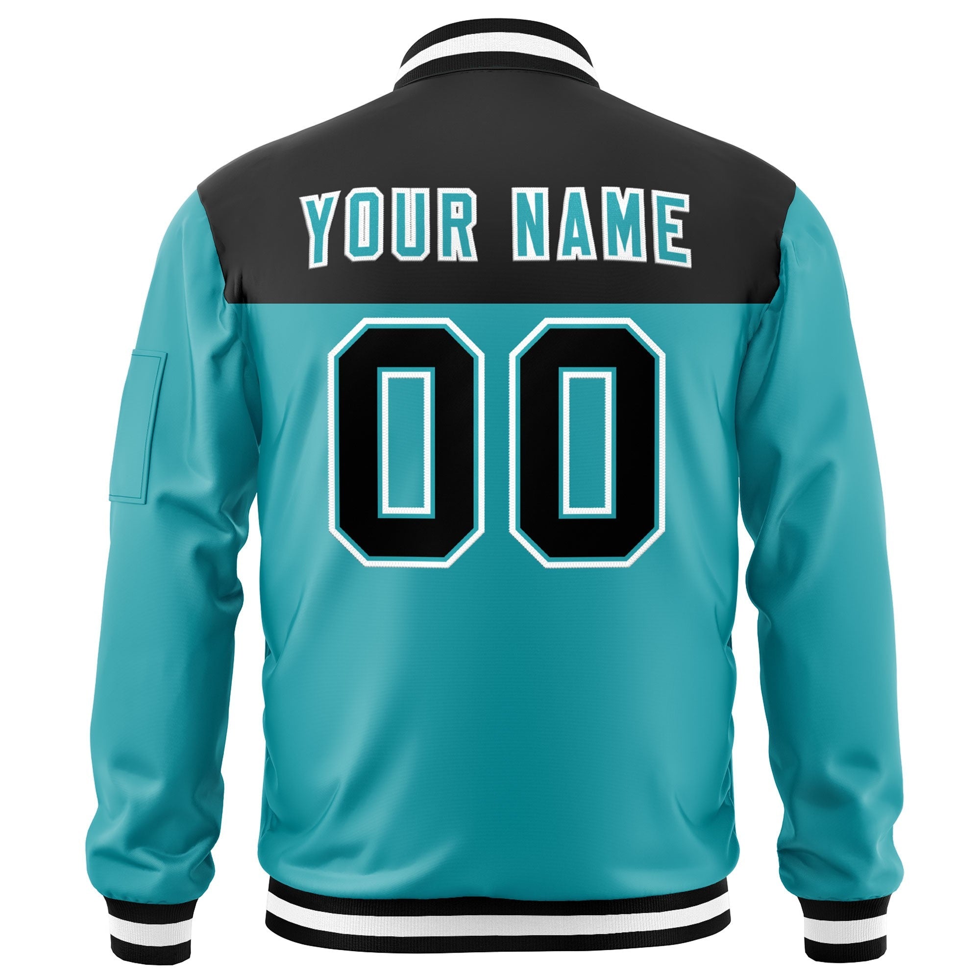 Custom Black Aqua Varsity Full-Zip Color Block Letterman Bomber Jacket