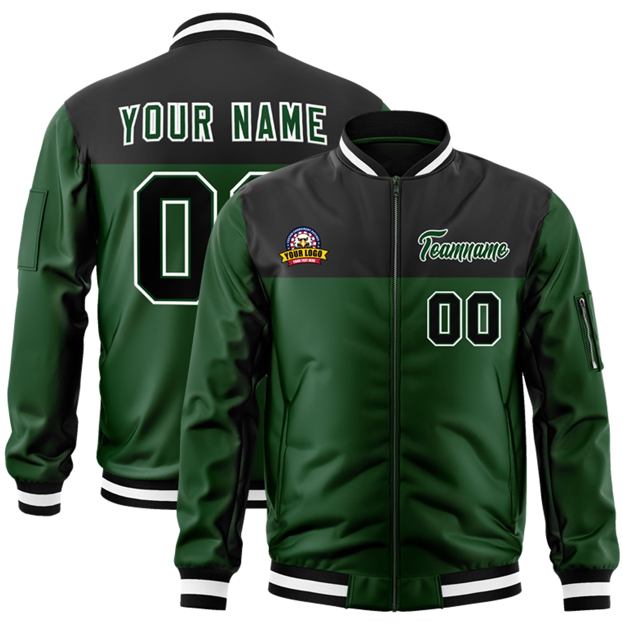 Custom Black Green Varsity Full-Zip Color Block Letterman Bomber Jacket