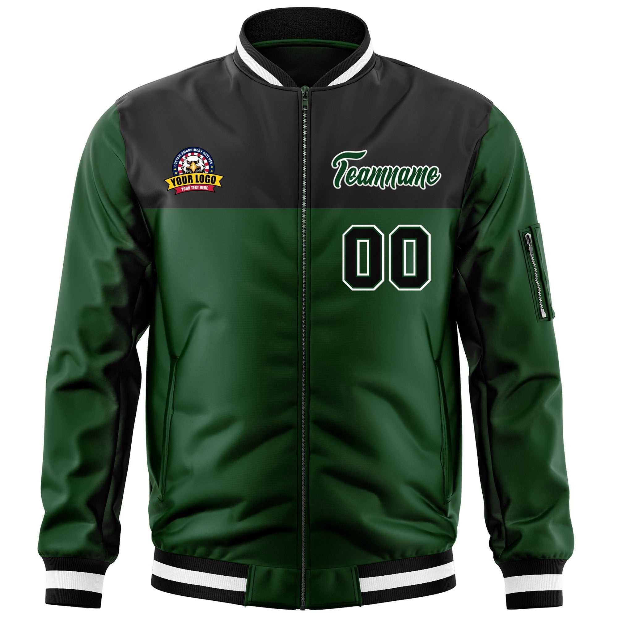 Custom Black Green Varsity Full-Zip Color Block Letterman Bomber Jacket