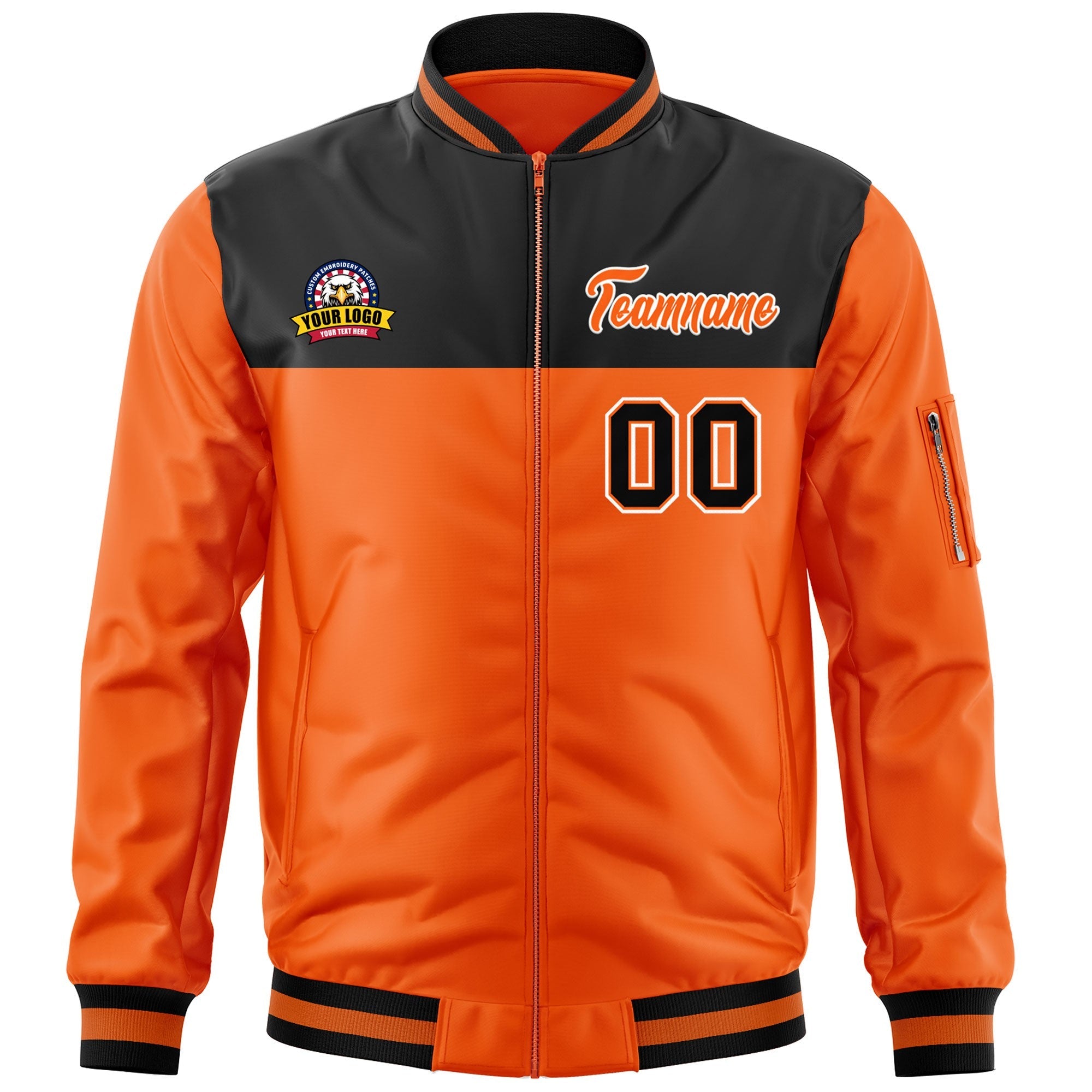 Custom Black Orange Varsity Full-Zip Color Block Letterman Bomber Jacket