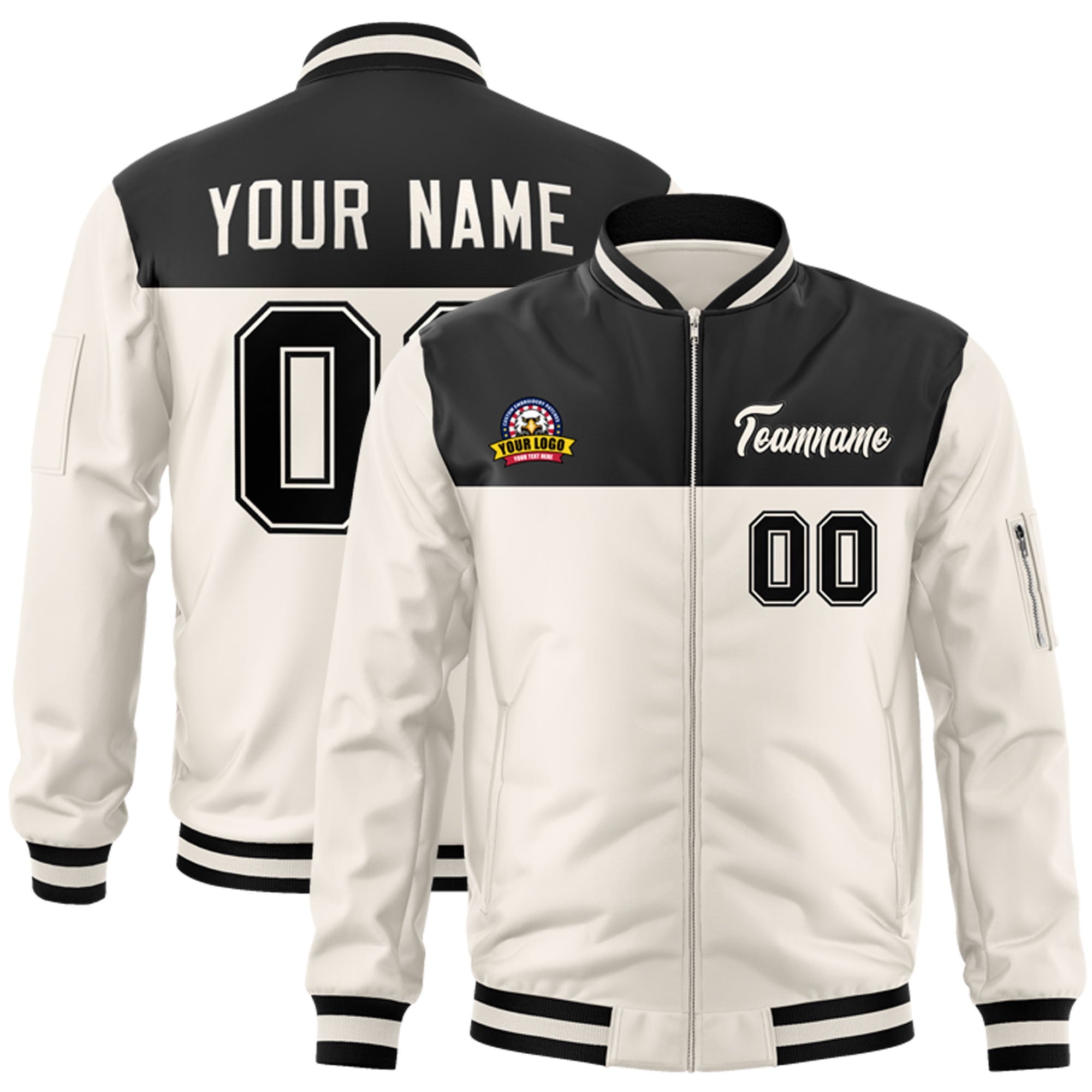 Custom Black Cream Varsity Full-Zip Color Block Letterman Bomber Jacket