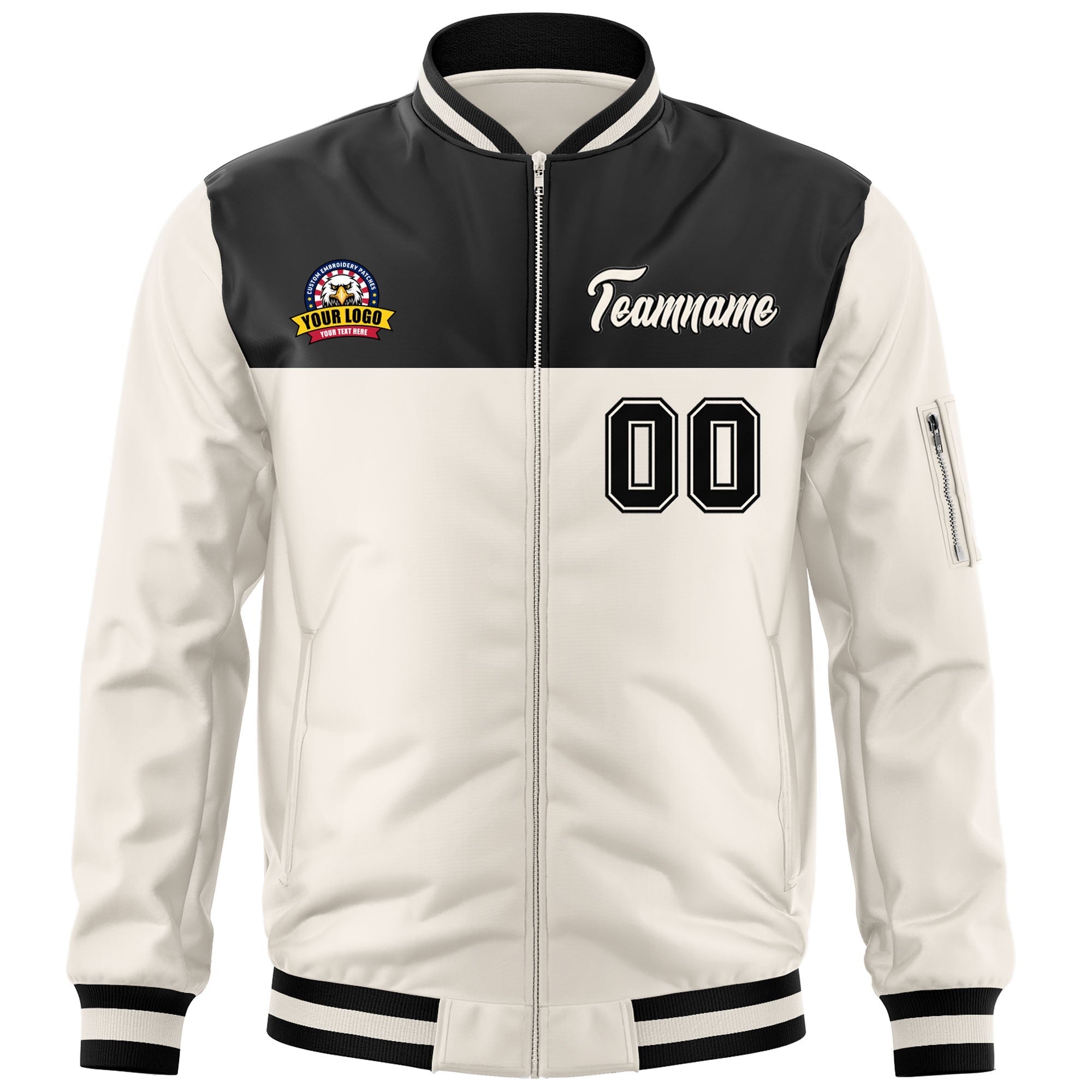 Custom Black Cream Varsity Full-Zip Color Block Letterman Bomber Jacket