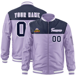 Custom Navy Purple Varsity Full-Zip Color Block Letterman Bomber Jacket