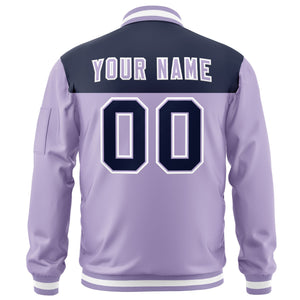 Custom Navy Purple Varsity Full-Zip Color Block Letterman Bomber Jacket