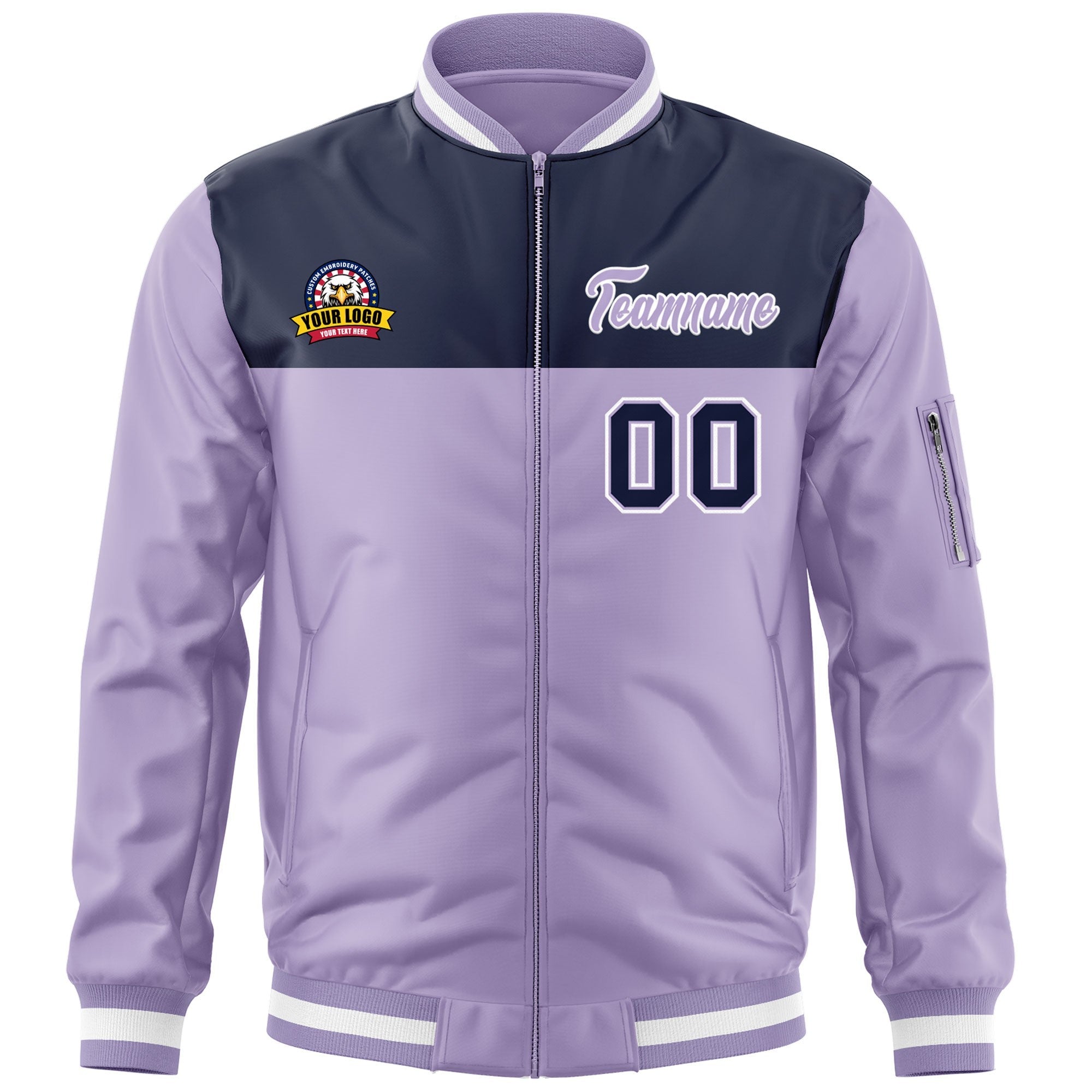 Custom Navy Purple Varsity Full-Zip Color Block Letterman Bomber Jacket