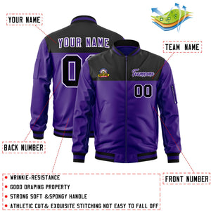 Custom Black Purple Varsity Full-Zip Color Block Letterman Bomber Jacket