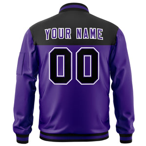 Custom Black Purple Varsity Full-Zip Color Block Letterman Bomber Jacket