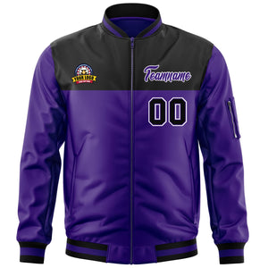 Custom Black Purple Varsity Full-Zip Color Block Letterman Bomber Jacket