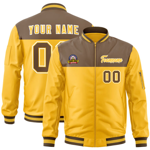 Custom Brown Yellow Varsity Full-Zip Color Block Letterman Bomber Jacket