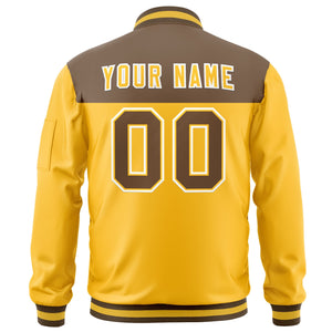 Custom Brown Yellow Varsity Full-Zip Color Block Letterman Bomber Jacket