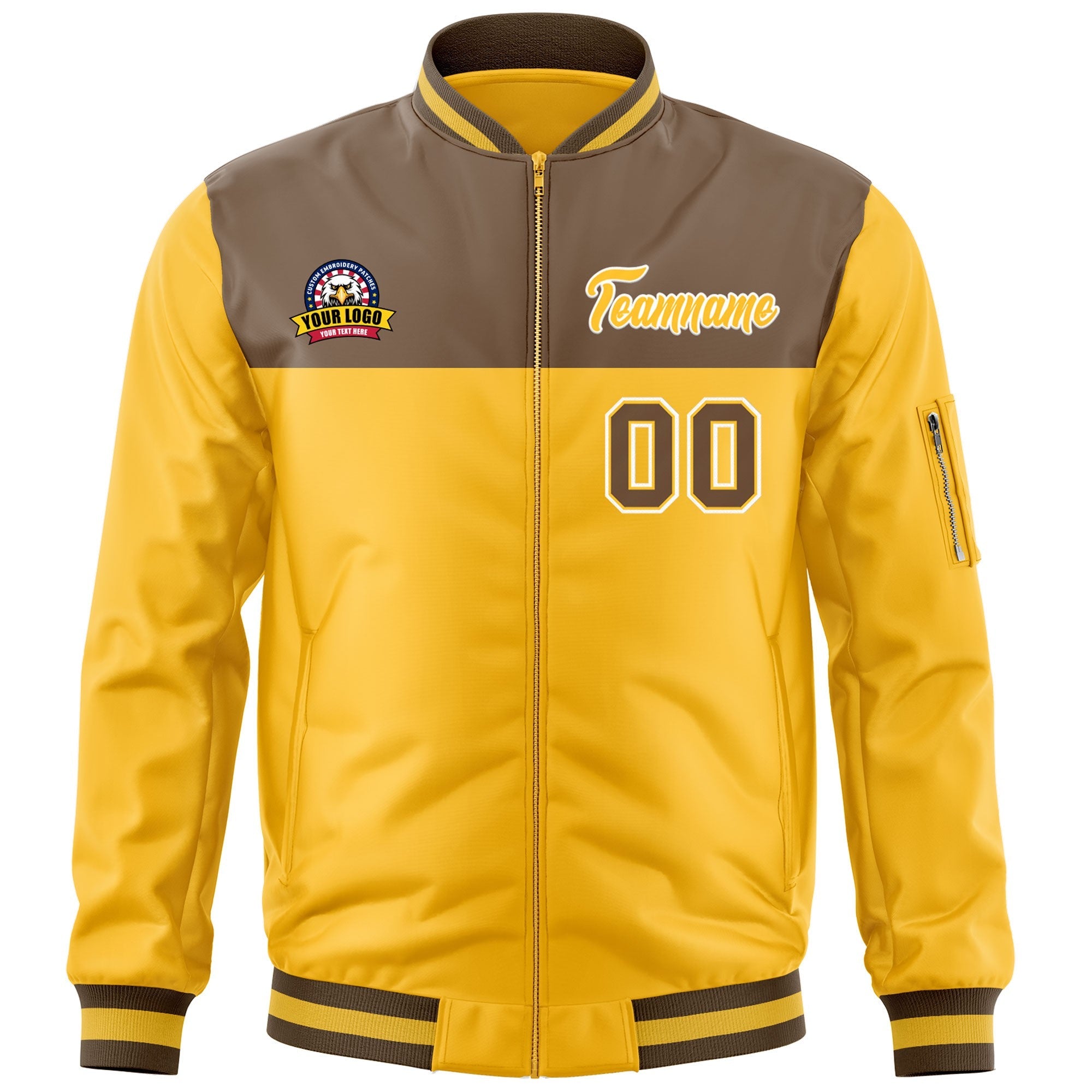 Custom Brown Yellow Varsity Full-Zip Color Block Letterman Bomber Jacket