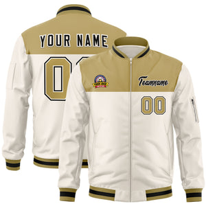 Custom Old Gold Cream Varsity Full-Zip Color Block Letterman Bomber Jacket