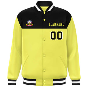 Custom Black Yellow-White Varsity Full-Snap Color Block Lettermen Baseball Jacket