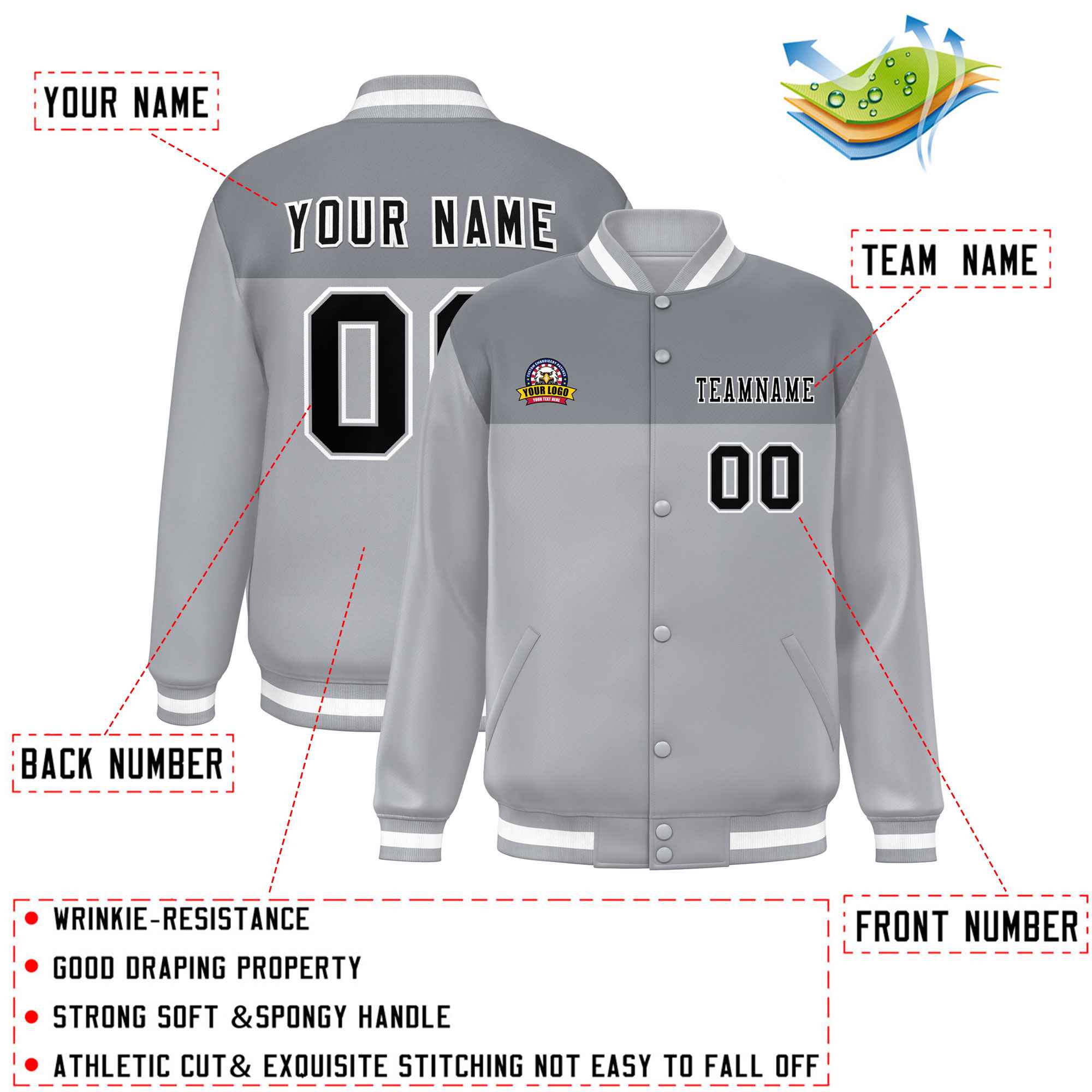 Custom Dark Gray Gray-White Varsity Full-Snap Color Block Lettermen Baseball Jacket