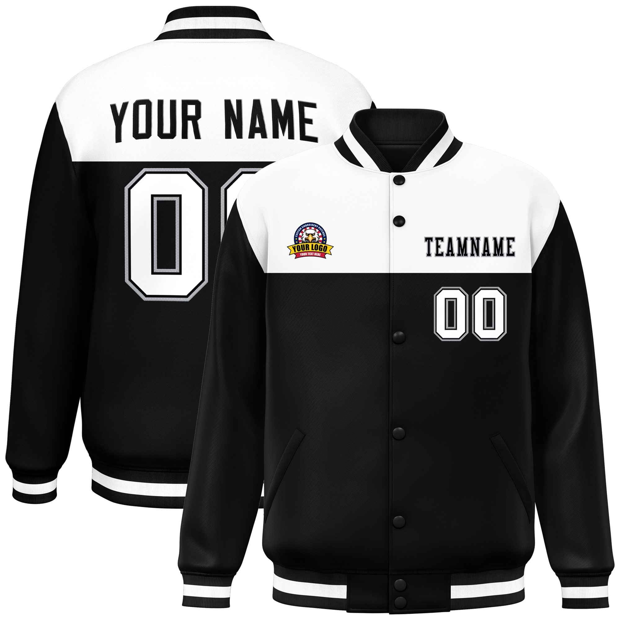 Custom White Black-Gray Varsity Full-Snap Color Block Lettermen Baseball Jacket