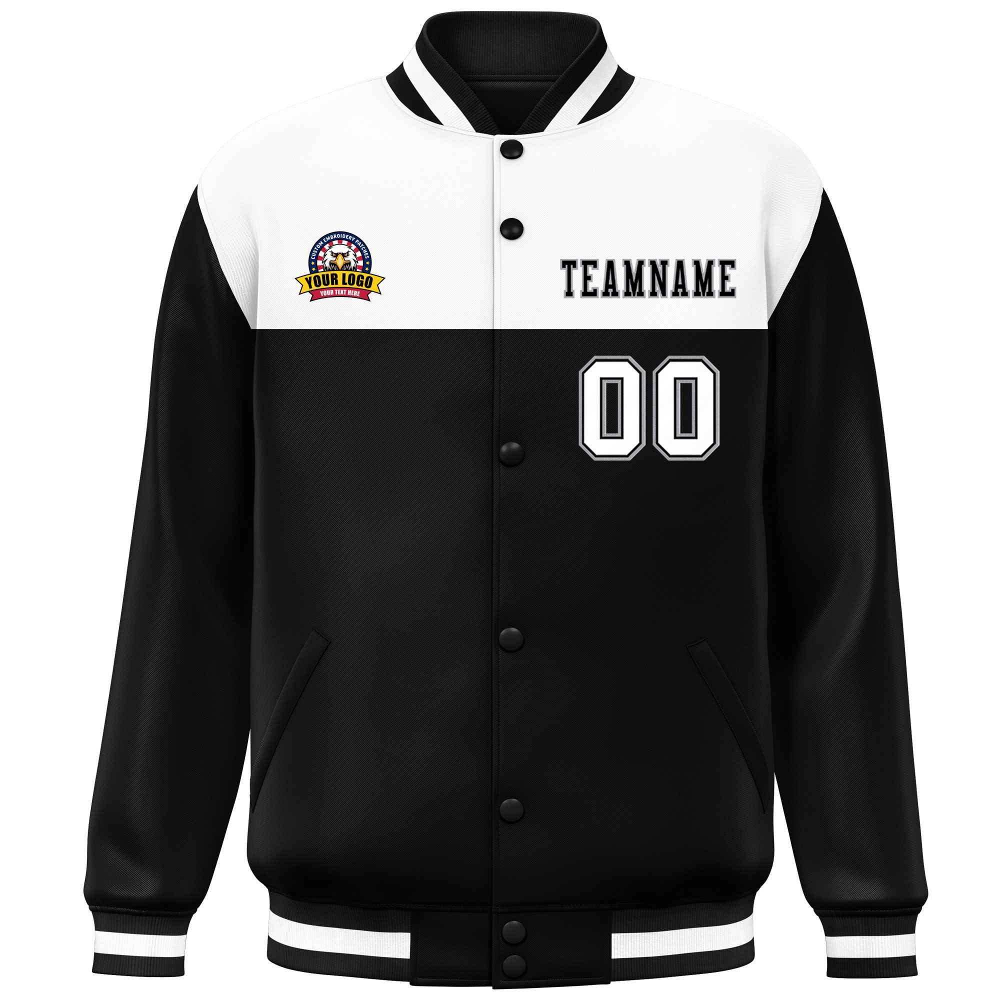 Custom White Black-Gray Varsity Full-Snap Color Block Lettermen Baseball Jacket